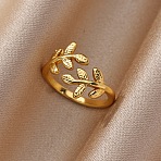 Brass Cuff Open Rings, Leaf, Golden, Inner Diameter: 15~20mm(WG3DACE-01)