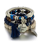Boho Style Wood Beaded Stretch Bracelet Sets for Women, with Acrylic and Alloy Finding , Marine Blue, No Size (WGE3C3B-58)