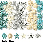 Ocean Theme Jewelry Making Findings Beads Kits, including Dyed Synthetic Turquoise Beads, Tibetan Style Alloy Beads, Starfish & Sea Turtle, Mixed Color, 13.5~18x10.5~15x3.5~8mm, Hole: 1~1.6mm, 60pcs/set(DIY-YW0011-22B)