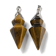 Natural Tiger Eye Pointed Pendants, Faceted Bullet Shaped Charms with Rack Plating Brass Snap on Bails, Platinum, Cadmium Free & Lead Free, 43x14mm, Hole: 4x5mm(G-F766-08AS-07)