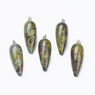 Natural Dragon Blood Pointed Pendants, with Platinum Brass Findings, Bullet, 32~33x12mm, Hole: 2.5x6mm(G-F705-01K-P)