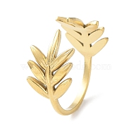 304 Stainless Steel Open Cuff Rings, Leafy Branch, Real 18K Gold Plated, Inner Diameter: 17.4mm(RJEW-L109-014G)