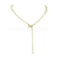 304 Stainless Steel Charms Necklace, Glass Imitation Pearl for Women, Bowknot, Golden, 16.61 inch(422mm)(NJEW-JN04916)