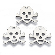 Halloween 201 Stainless Steel Charms, Laser Cut, Skull, Stainless Steel Color, 13.5x15x0.8mm, Hole: 1.4mm(STAS-R116-066)