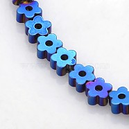 Electroplate Non-magnetic Synthetic Hematite Beads Strands, Flower/Plum Blossom, Blue Plated, 4x4x2mm, Hole: 1mm, about 117pcs/strand, 15.7 inch(G-J217D-03)