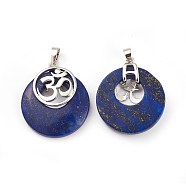 Natural Lapis Lazuli Pendants, with Platinum Tone Brass Findings, Flat Round with Om Symbol, 32~32.5x28x7~7.5mm, Hole: 5x8mm(KK-F751-L-A13)