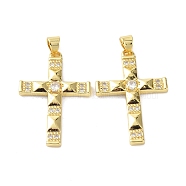Brass Micro Pave Cubic Zirconia Pendant, Long-Lasting Plated, Cross, Lead Free & Cadmium Free, Real 18K Gold Plated, 32x21x3mm, Hole: 3.5x5mm(ZIRC-C021-16G)