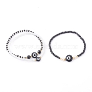 Glass Seed Beaded Stretch Bracelets, Stackable Bracelets, with Natural Pearl Beads, Synthetic Black Stone Beads and Evil Eye Lampwork Beads, Black, Inner Diameter: 2-1/8~2-1/4 inch(5.4~5.6cm), 3pcs/set(BJEW-JB05969-01)