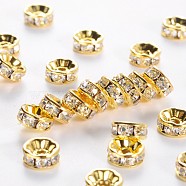 Brass Grade A Rhinestone Spacer Beads, Golden Plated, Rondelle, Nickel Free, Crystal, 8x3.8mm, Hole: 1.5mm(RSB038NF-01G)