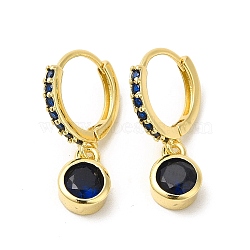Cubic Zirconia Flat Round Dangle Hoop Earrings, Real 18K Gold Plated Brass Jewelry for Women, Cadmium Free & Nickel Free & Lead Free, Dark Blue, Real 18K Gold Plated, 21mm, Pin: 0.8mm(EJEW-E270-35G-02)