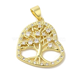 Brass Micro Pave Cubic Zirconia Pendants, Real 18K Gold Plated, Heart with Tree of Life, Clear, 24x20x2.5mm, Hole: 5x3.5mm(KK-Z042-21G-01)