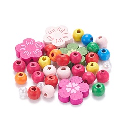 160Pcs Round & Flower Wood/Plastic Beads, 1m Nylon Cord, for DIY Jewelry Making Kits, Mixed Color, Beads: 160pcs/box(DIY-FS0001-51)