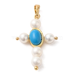 Rack Plating Brass & Acrylic Pearl & Synthetic Turquoise Pendants, Long-Lasting Plated, Cadmium Free & Lead Free, Cross Charms, Real 18K Gold Plated, 29.5x19.5x6mm, Hole: 5.8x3.8mm(KK-G488-03G)