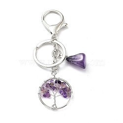 Natural Amethyst Keychain, with Platinum Plated Iron Split Key Rings, Flat Round with Tree of Life, 10.5cm(KEYC-M022-01H)