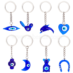 PandaHall Elite 8Pcs 8 Style Glass Keychains, with Platinum Iron Findings, Mixed Shapes, Blue, 7~10cm, 1pc/style(KEYC-PH0001-53)