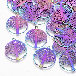 Ion Plating(IP) 201 Stainless Steel Filigree Pendants, Etched Metal Embellishments, Flat Round with Tree of Life, Rainbow Color, 23x20x0.3mm, Hole: 1.2mm(X-STAS-R102-13)