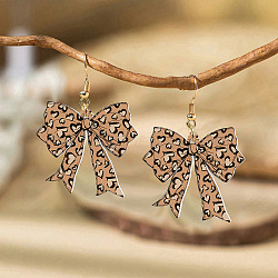 Teachers' Day Acrylic Dangle Earrings, Bowknot with Leopard Print, with Alloy Earring Findings, Golden, Bisque, 53.5x35mm(EJEW-I325-01G-01)