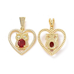 Brass Micro Pave Clear Cubic Zirconia Pendants, Heart with Owl Charms, Golden, Red, 32.5x30x6mm, Hole: 3.5x8mm(ZIRC-F134-18G-01)