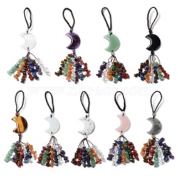 Moon Gemstone Pendant Decorations, Nylon Cord and Gemstone Chip Tassel Hanging Ornaments, 150~155mm(HJEW-R127-01)