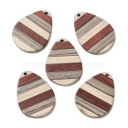 Wenge Wood & Sandalwood & White Ash Pendants, Teardrop Charms, Colorful, 35x26x3.5mm, Hole: 2mm(WOOD-F013-06)