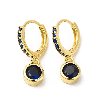 Cubic Zirconia Flat Round Dangle Hoop Earrings, Real 18K Gold Plated Brass Jewelry for Women, Cadmium Free & Nickel Free & Lead Free, Dark Blue, Real 18K Gold Plated, 21mm, Pin: 0.8mm