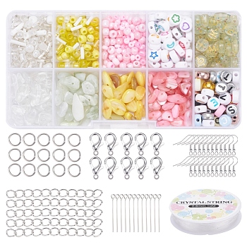 Natural Stone Chip Beads DIY Jewelry Set Making Kit, Including Natural Quartz Crystal & New Jade & Acrylic & Glass Seed & Shell Beads, Iron Earring Hooks & Jump Rings & Pin & End Chain, Alloy Clasps, Elastic Thread, Light Yellow, Beads: 107.5g/set