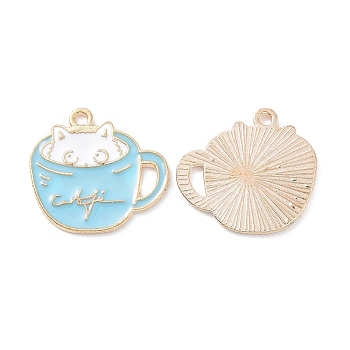 Alloy Enamel Pendants, Light Gold, Cup with Cat Charm, Sky Blue, 18.5x20x1mm, Hole: 1.5mm