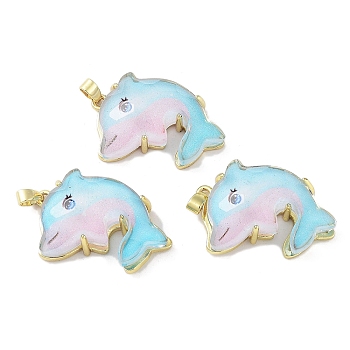 Translucent Resin Pendants, Rack Plating Brass Dolphin Charms, Real 18K Gold Plateds, Long-Lasting Plated, Cadmium Free & Lead Free, Pale Turquoise, 27x18x9mm, Hole: 2.5x4mm