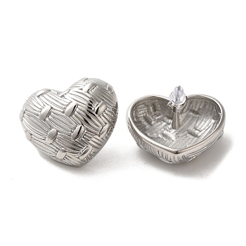 304 Stainless Steel Stud Earrings, Grooved Heart, Stainless Steel Color, 26x30.5mm