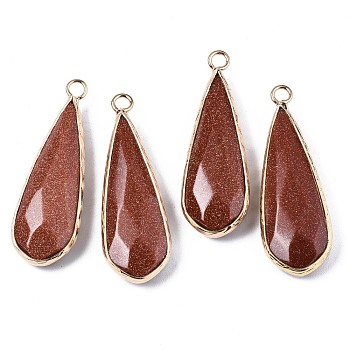Synthetic Goldstone Pendants, with Golden Plated Brass Edge and Loop, Teardrop, Faceted, 36~37x12x6mm, Hole: 2.5mm