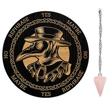 1Pc Wood Pendulum Board, 1Pc 304 Stainless Steel Cable Chain Necklaces, 1Pc Natural Rose Quartz Stone Pendants, for Witchcraft Wiccan Altar Supplies, Raven Pattern, Board: 200x4mm