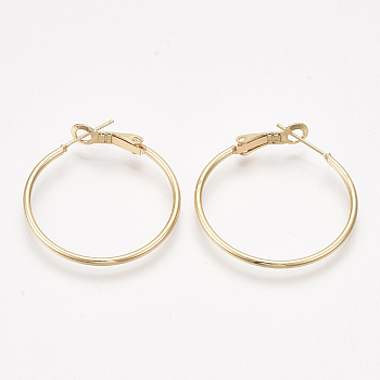 Brass Hoop Earrings, Real 18K Gold Plated, 34x30x1.5mm, Pin: 0.8mm