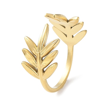 304 Stainless Steel Open Cuff Rings, Leafy Branch, Real 18K Gold Plated, Inner Diameter: 17.4mm