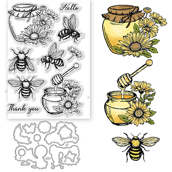 1Pc Custom PVC Plastic Clear Stamps, with 1Pc Carbon Steel Cutting Dies Stencils, for DIY Scrapbooking, Photo Album Decorative, Cards Making, Bees, Stamps: 160x110x3mm, Stencils: 137x106x0.8mm