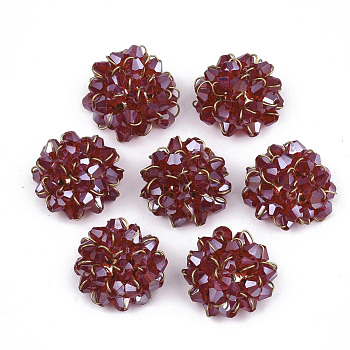 Glass Cluster Bead Cabochons, with Brass Rings and Alloy Sieve Findings, Light Gold, FireBrick, 18~19x10~11.5mm