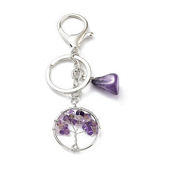 Natural Amethyst Keychain, with Platinum Plated Iron Split Key Rings, Flat Round with Tree of Life, 10.5cm