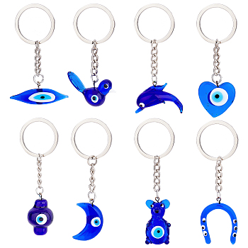 PandaHall Elite 8Pcs 8 Style Glass Keychains, with Platinum Iron Findings, Mixed Shapes, Blue, 7~10cm, 1pc/style