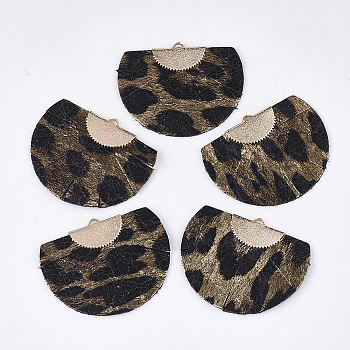 Eco-Friendly Cowhide Leather Pendants, with Brass Findings, Fan with Leopard Print, Light Gold, Camel, 38x47x3.5mm, Hole: 3x1.5mm