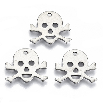 Halloween 201 Stainless Steel Charms, Laser Cut, Skull, Stainless Steel Color, 13.5x15x0.8mm, Hole: 1.4mm