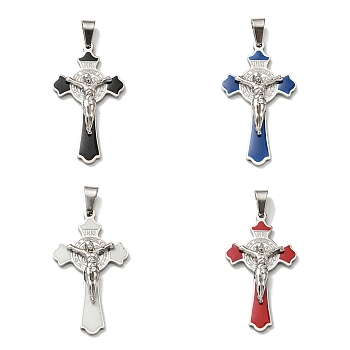 Easter Theme 304 Stainless Steel Enamel Pendants, Crucifix Cross, Stainless Steel Color, 45x25.5x4.5mm, Hole: 4x7.5mm