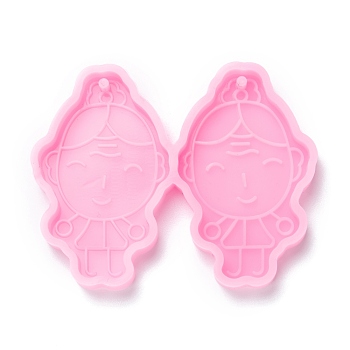 Food Grade Pendant Silicone Statue Molds, for Earring Makings, Bakeware Tools, For DIY Cake Decoration, Chocolate, Candy Mold, Girl, Pink, 42.5x53x5mm, Hole: 2mm, Inner Diameter: 40x25mm