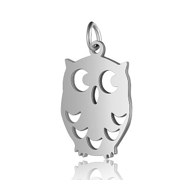 201 Stainless Steel Pendants, Owl, Stainless Steel Color, 20x13.5x1mm, Hole: 3mm