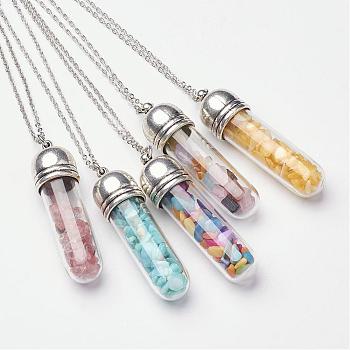 Mixed Stone Pendant Necklaces, with Brass Cross/Cable Chain, Wishing Glass Bottle, Platinum, 17.71 inch