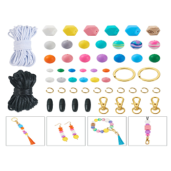DIY Keychain Bracelet Making Kit, Including Alloy Key Rings, Plastic & Alloy Lobster Claw Clasps, Wood Octagon with Eye & Silicone Hexagon Round Abacus Beads, Polyester Elastic & Nylon Thread, Mixed Color