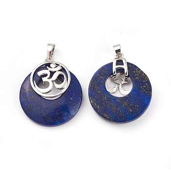 Natural Lapis Lazuli Pendants, with Platinum Tone Brass Findings, Flat Round with Om Symbol, 32~32.5x28x7~7.5mm, Hole: 5x8mm