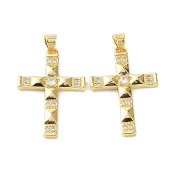 Brass Micro Pave Cubic Zirconia Pendant, Long-Lasting Plated, Cross, Lead Free & Cadmium Free, Real 18K Gold Plated, 32x21x3mm, Hole: 3.5x5mm