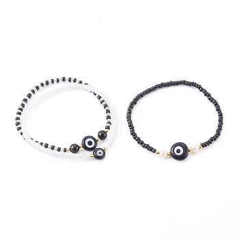 Glass Seed Beaded Stretch Bracelets, Stackable Bracelets, with Natural Pearl Beads, Synthetic Black Stone Beads and Evil Eye Lampwork Beads, Black, Inner Diameter: 2-1/8~2-1/4 inch(5.4~5.6cm), 3pcs/set