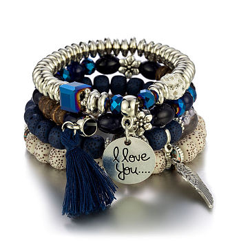 Boho Style Wood Beaded Stretch Bracelet Sets for Women, with Acrylic and Alloy Finding , Marine Blue, No Size 