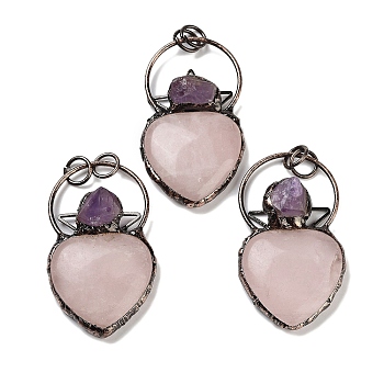 Natural Rose Quartz & Amethyst Big Pendants, Brass Heart Charms with Jump Rings, Red Copper, 55~57x32~33x9~11mm, Hole: 6.6mm