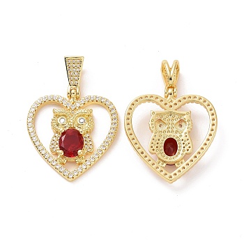 Brass Micro Pave Clear Cubic Zirconia Pendants, Heart with Owl Charms, Golden, Red, 32.5x30x6mm, Hole: 3.5x8mm